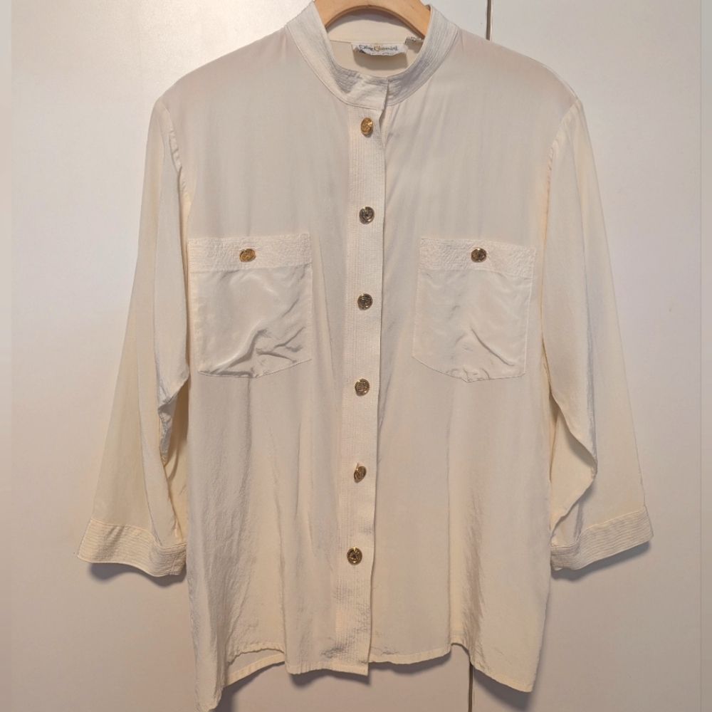 Oleg Cassini Ivory Button-Up Silk Shirt